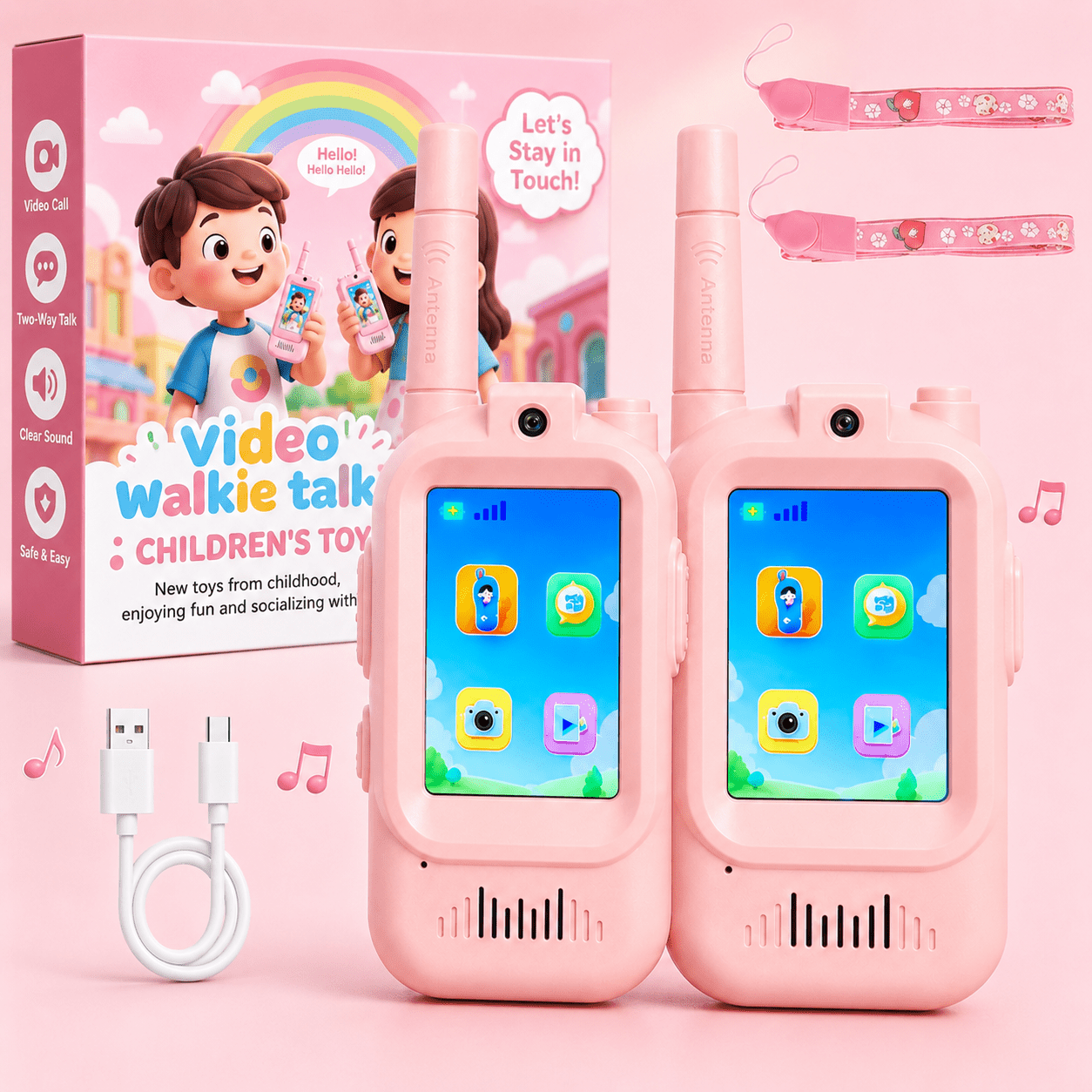 Two pink children's walkie-talkies with attached antennas, shown in front of their retail box. The set also includes a white USB charging cable and two matching pink wristbands.